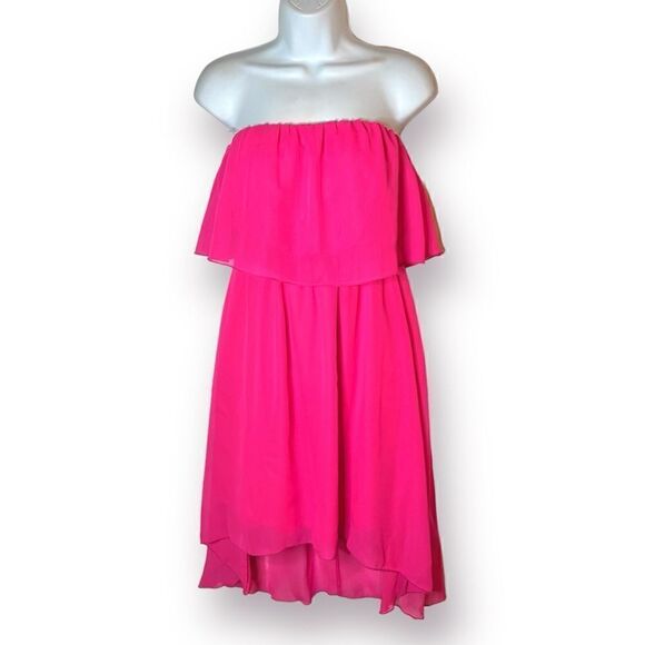 Nymphe Strapless Hi Lo Hem Chiffon Mini Dress Hot Pink S NWT - Picture 1 of 8